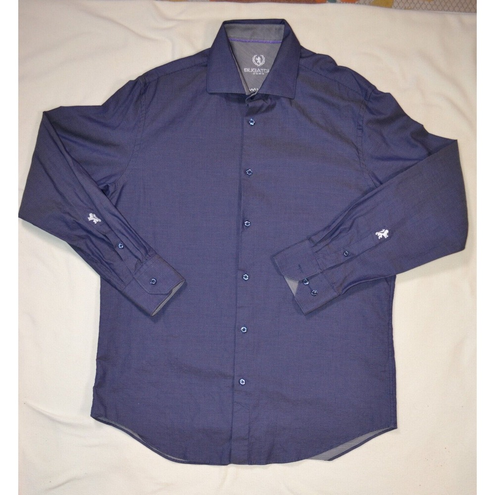 Bugatchi Uomo Button Shirt Men 16 1/2  Blue Gray Flip Cuff Long Sleeve